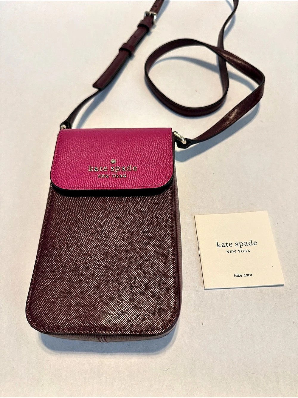 kate spade Staci North South Flap Phone Crossbody Maroon & Pink